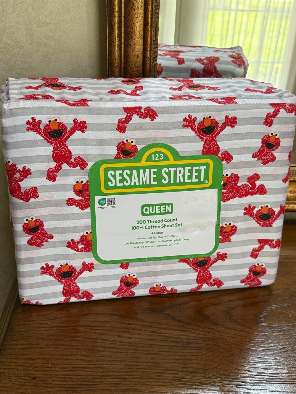 Sesame Street Elmo Stripe Queen Sheet Set - Red, Gray, White
